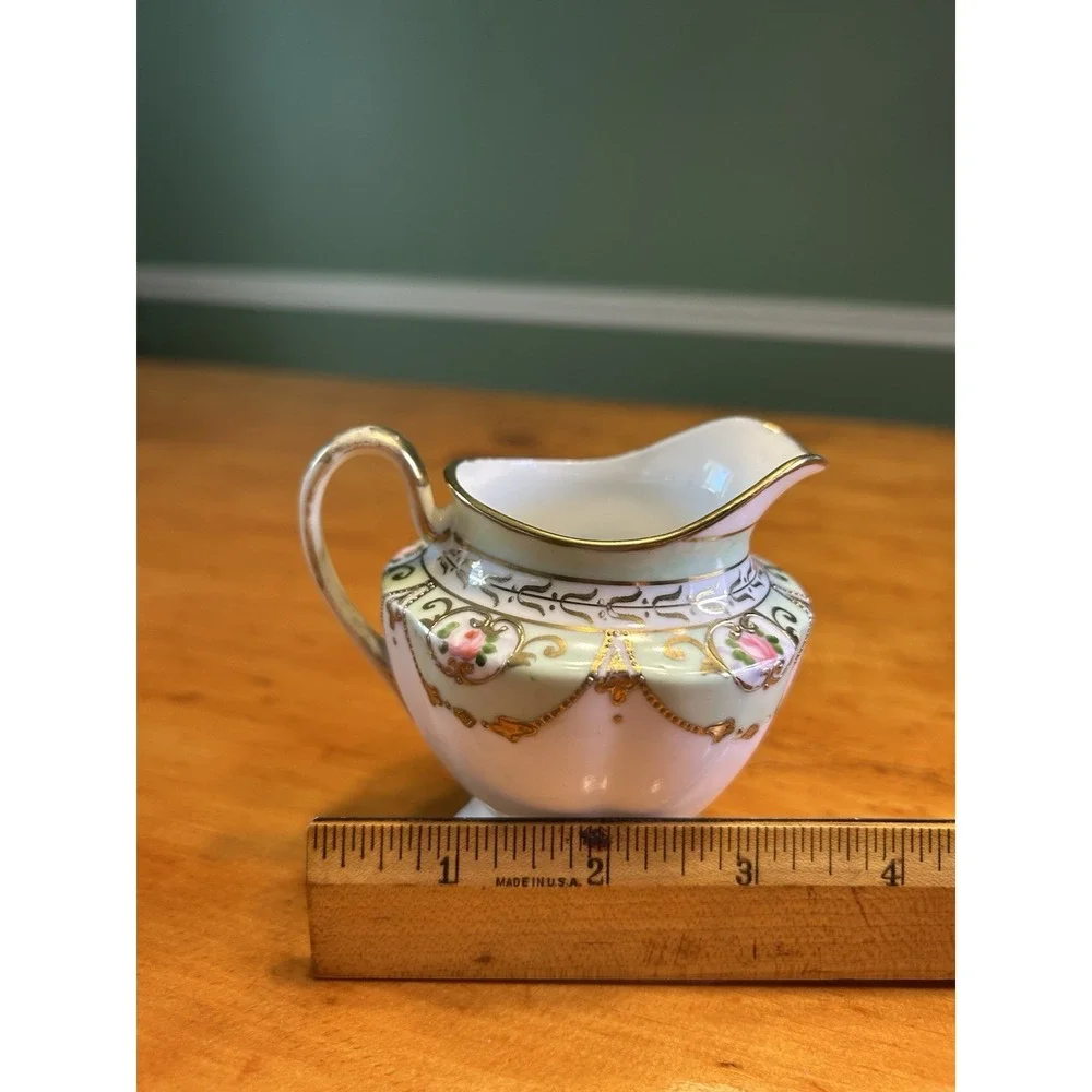 Cottagecore Hand Painted Porcelain Mini Creamer Floral Gold‎ Moriage Pink Green